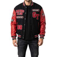 Blouson universitaire rouge et noir avec patch GT, broderies multiples, manches en cuir, style Letterman, style course, blouson bomber de baseball, vêtement de sport extérieur