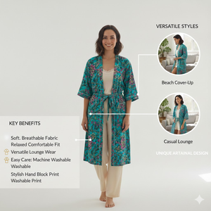 ชุดคลุมกิโมโนผ้าฝ้ายลายดอกไม้สีเทอร์ควอยซ์ ชุดนอนคอวียาวพร้อมกระเป๋ามีเชือกผูก ชุดลำลองแขนยาวสำหรับผู้หญิง ทรอปิคอลมาเรีย - Product Image 4