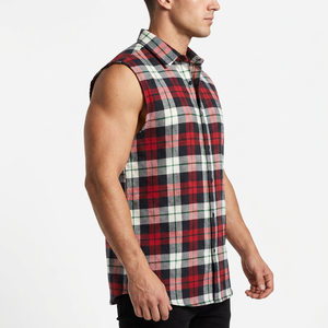 Factory Custom Color 100% Cotton Men's Button-Up Sleeveless Flannel <b>Shirt</b> Yarn Dyed Blue Black Plaid Casual Summer Breathable - Product Image 3