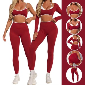 Leggings de sport unis respirants sans coutures, ensembles de compression, bas de yoga, ensembles 3 pièces personnalisés pour femmes, Spandex/Nylon, pour la gym - Product Image 2