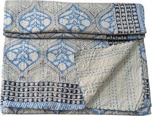 Traditional Indigo Cotton Kantha <b>Quilt</b> Blue Floral Hand-Stitched All-Season Home Decor <b>Throw</b> Cover - Product Image 4