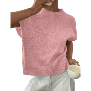 Top Corto de Punto Rosa sin Mangas con Bordado Floral, Cuello Redondo, Informal, Unisex, para Primavera - Product Image 1