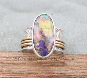 Mélange cuivre turquoise solide 925 argent Sterling Spinner fait à la main Rectangle méditation anneau de mariage Boho souci anneau d'anesthésie pour - Product Image 2