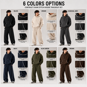 Custom Oversized Contrast Stitch Hoodie Tracksuit Heavyweight Fleece <b>Sweat</b> <b>Suit</b> <b>Men</b> Streetwear Jogging Set OEM ODM - Product Image 2