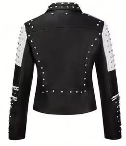 Blouson de moto en cuir véritable clouté pour femme, coupe ajustée de luxe, style punk rock, avec strass, respirant, pour café racer - Product Image 2