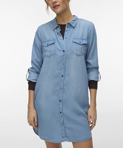 Robe chemise en coton bleu clair pour femme, manches courtes, col carré, coupe ajustée, style vintage uni, séchage rapide, respirante, longueur midi - Product Image 1