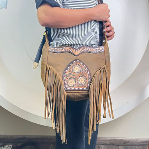 Nouveau design de glands de luxe Sac à franges de cow-girl personnalisé en cuir repoussé à la main de style ethnique Sac à main en cuir suédé véritable pour femmes - Product Image 4