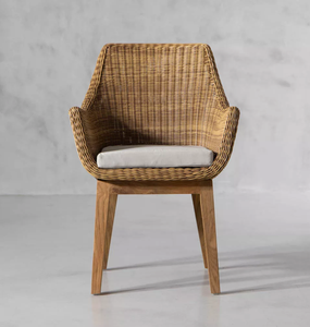 Fauteuil de jardin en rotin tressé avec coussin, chaise de salle à manger d'extérieur, pieds en bois, pour terrasse - Product Image 2