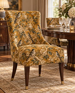 Tela brocada jacquard amarilla con motivos botánicos y de aves, con detalles dorados, para tapicería y decoración de muebles. - Product Image 4