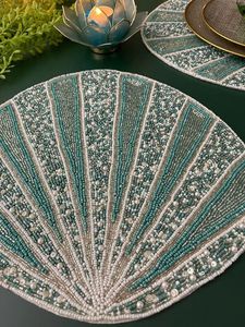 Sparkling Teal Beaded Shell Placemat Scallop Shape Handmade Decorative Table <b>Mat</b> Premium Quality Wedding Party Dining Decor - Product Image 2
