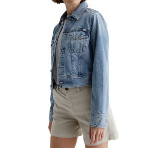 เสื้อแจ็คเก็ตครอปทรงทรัคเกอร์สำหรับผู้หญิง ผ้ายีนส์ฟอกผสมสแปนเด็กซ์/คอตตอน 180 กรัม สำหรับฤดูใบไม้ร่วง/ฤดูหนาว/ฤดูร้อน ดีไซน์หรูหรา รับผลิตแบบ ODM ขายส่งจากโรงงาน - Product Image 3