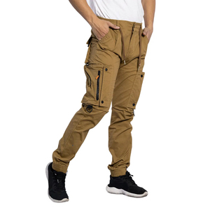Wholesale Men's Cotton Twill Joggers <b>Elastic</b> <b>Belt</b> Drawstring Closure Button Up Daily Wear Trousers Low MOQ Khaki 6 Pockets Pants - Product Image 2