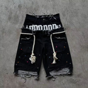 OEM Black Distressed Denim Shorts Rope Detail Rhinestone Streetwear Shorts rhinestone oversized 2026 - Product Image 1