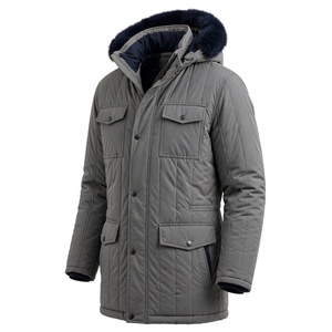 <b>Men's</b> Gray Hooded Quilted Puffer <b>Jacket</b> <b>Long</b> Thick Polyester Autumn Waterproof Sporty Casual Zipper Closure - Product Image 3