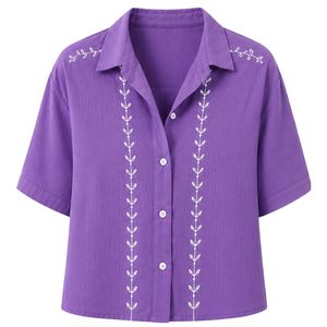 Camisa Corta Bordada Morada Personalizada para Mujer, Blusa Casual de Verano con Botones, Top de Moda con Logotipo Personalizado, Mezcla de Lino - Product Image 1