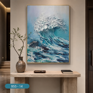 Peinture murale en soie artisanale de luxe fabriquée au Vietnam, motif vagues ondulantes, décoration intérieure blanche, modèle OEM ODM Vietnam B55-14 - Product Image 3