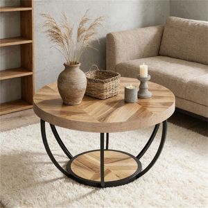 Wooden <b>Round</b> Coffee <b>Table</b> <b>with</b> <b>Storage</b> Space Central Cocktail <b>Side</b> <b>Table</b> - Product Image 4