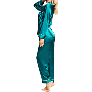 Conjunto de Pijama de Satén Verde Esmeralda para Mujer, Manga Larga, Cierre de Botones, Elegante Ropa de Dormir 100% Seda, Cuello Camisero - Product Image 4