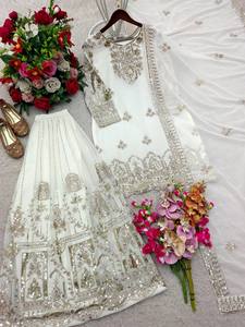 White Embroidered Silk Sharara <b>Suit</b> With Dupatta Floor-Length Traditional <b>Wedding</b> Outfit <b>Women's</b> Loose Fit <b>Dress</b> - Product Image 5