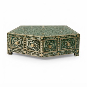 Wholesale Luxury Blue And White Bone Inlay <b>Coffee</b> <b>Table</b>, Handcrafted <b>Square</b> Center <b>Table</b> <b>with</b> <b>Storage</b> Shelf And Brass Accents - Product Image 5
