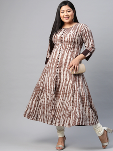Kurta Anarkali en coton tie-dye marron, grande taille, col rond, manches trois quarts, coupe décontractée, tenue de tous les jours pour femmes - Product Image 5