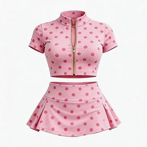 Conjunto de falda de dos piezas con lunares para mujer, top corto con cremallera y falda plisada de tenis, chándal informal de verano, ropa de descanso ajustada. - Product Image 6