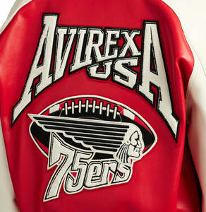 แจ็คเก็ตหนังแท้สีแดงขาวคุณภาพสูงระดับพรีเมียมสำหรับผู้ชาย ยี่ห้อ Avirex ปักลายแบบ Varsity  รับผลิตแบบ OEM ODM - Product Image 6