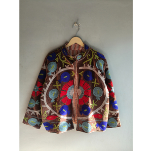 Hand Embroidered Breathable <b>Velvet</b> <b>Jacket</b> <b>Women</b> Mandarin Collar Floral Pattern Full Sleeve Autumn Bohemian Style Eco-Friendly - Product Image 1