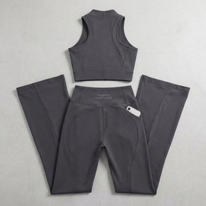Womens Charcoal Gray Ribbed High Neck Yoga Set <b>Flare</b> <b>Leggings</b> Fitness <b>Gym</b> Workout Activewear Two Piece Sportswear - Product Image 3