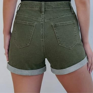 Shorts de mezclilla asimétricos personalizados para mujer con cintura cruzada, dobladillo con vuelta, color verde oliva, de cintura alta, de algodón, para verano, ¡Oferta caliente! - Product Image 3