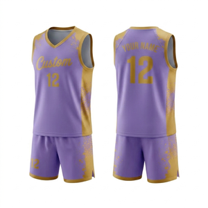 Conjunto de camiseta de baloncesto personalizada en morado claro y dorado, sublimada, transpirable, sin mangas, con cuello en V, ropa deportiva de secado rápido, al por mayor. - Product Image 1
