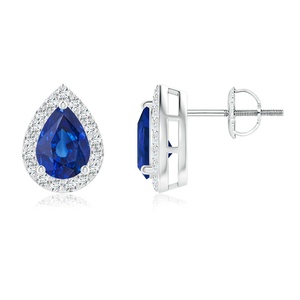 Natural Blue Sapphire Diamond Halo Stud <b>Earrings</b> Pear Shape White Gold <b>Fine</b> Jewelry Screw Back September Birthstone Gift - Product Image 1