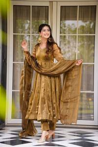Mustard Anarkali Gown in Silk with Embroidery Work and Dupatta Party Wear <b>Ankle</b>-Length Wrinkle-Free - Product Image 2