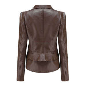 Chaqueta de cuero de motorista con dobladillo desmontable marrón para mujer, abrigo ajustado de manga larga con cierre de cremallera, elegante cuello de solapa transpirable - Product Image 2