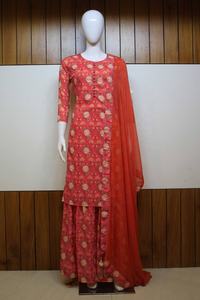 Traje de seda de muselina listo para mujer elegante Top floral impreso digital Palazzo & Dupatta para fiesta - Product Image 3