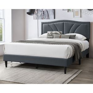 Letto matrimoniale moderno vintage con testiera imbottita e rivestimento in tessuto effetto tela, con finiture a borchie, colore antracite - Product Image 2