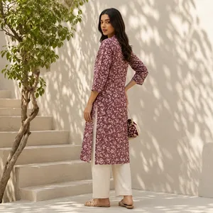 Kurti pour femmes, imprimé floral marron, col en V, manches longues, coupe droite, tunique ethnique longue, décontractée, élégante, confortable, à porter au quotidien - Product Image 4