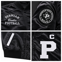 Veste universitaire en satin noir avec logo personnalisé pour homme, appliqué, boutonnée, col montant, style bomber