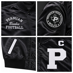 Chaqueta Varsity Negra de Satén con Logotipo Personalizado para Hombre, Chaqueta Bomber con Botones y Cuello Alto con Apliques de Letras - Product Image 2