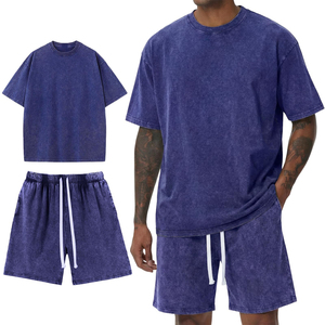 Summer Washed Cotton T Shirt Sweat <b>Short</b> and Shirt Set for <b>Men</b> 2 Piece <b>Patch</b> Embroidery Acid Wash Shirts <b>Shorts</b> Sets - Product Image 1