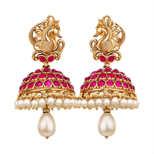 Ruby Kemp Gold Plated Diamond and Pearl Drop Jhumka Earrings for Wedding and Party - Product Image 2