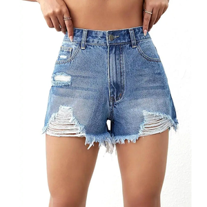 Shorts de Mezclilla Desgastados con Cintura Alta y Dobladillo Enrollado para Mujer, Personalizados en Algodón, Servicio OEM - Product Image 1