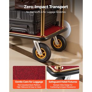Heavy Duty Hotel <b>Luggage</b> Cart 1200 Lbs Capacity Stainless Steel Frame 8 Rubber <b>Wheels</b> Red Carpeted Deck - Product Image 6