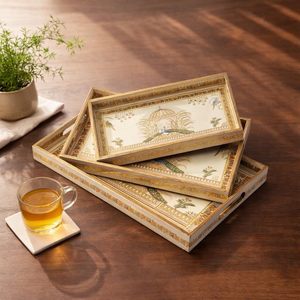 Plateaux de service rectangulaires de luxe en bois de manguier oriental, durables et faits à la main, motif végétal, bordure bleue et dorée, pour mariage - Product Image 2