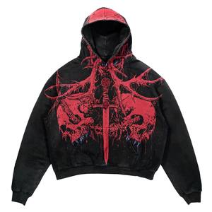 Sweat à capuche surdimensionné personnalisé avec logo OEM, 100 % coton, imprimé crâne délavé, style vintage usé, streetwear - Product Image 5