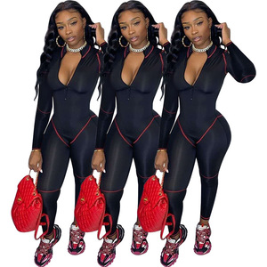 Mono de manga larga con cuello en V para mujer, negro, de cintura alta, ajustado, de spandex y nailon, para discoteca, con ribete rojo y detalle de cremallera - Product Image 1