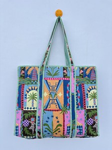 Sac fourre-tout en coton multicolore de qualité supérieure avec imprimé tropical, style bohème, sac à main décontracté d'été avec fermeture éclair pour le shopping et les voyages - Product Image 1