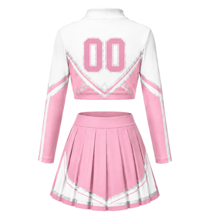 Pink <b>White</b> Sublimated Cheer <b>Long</b> Sleeve Uniform Set Pleated <b>Skirt</b> Athletic Team Sportswear Training Practice Performance Custom - Product Image 3