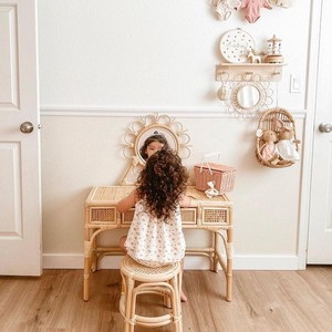 Rattan vanity <b>table</b> with round mirror and chair boho <b>decor</b> preschooler make-up <b>dressing</b> <b>tables</b> - Product Image 3