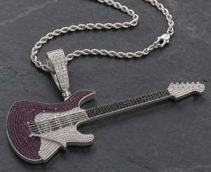 Collar con Colgante de Guitarra Iced Out, Cadena de Cuerda de Latón con Zirconia, Chapado en Rodio, Joyería Hip Hop para Hombre - Product Image 5